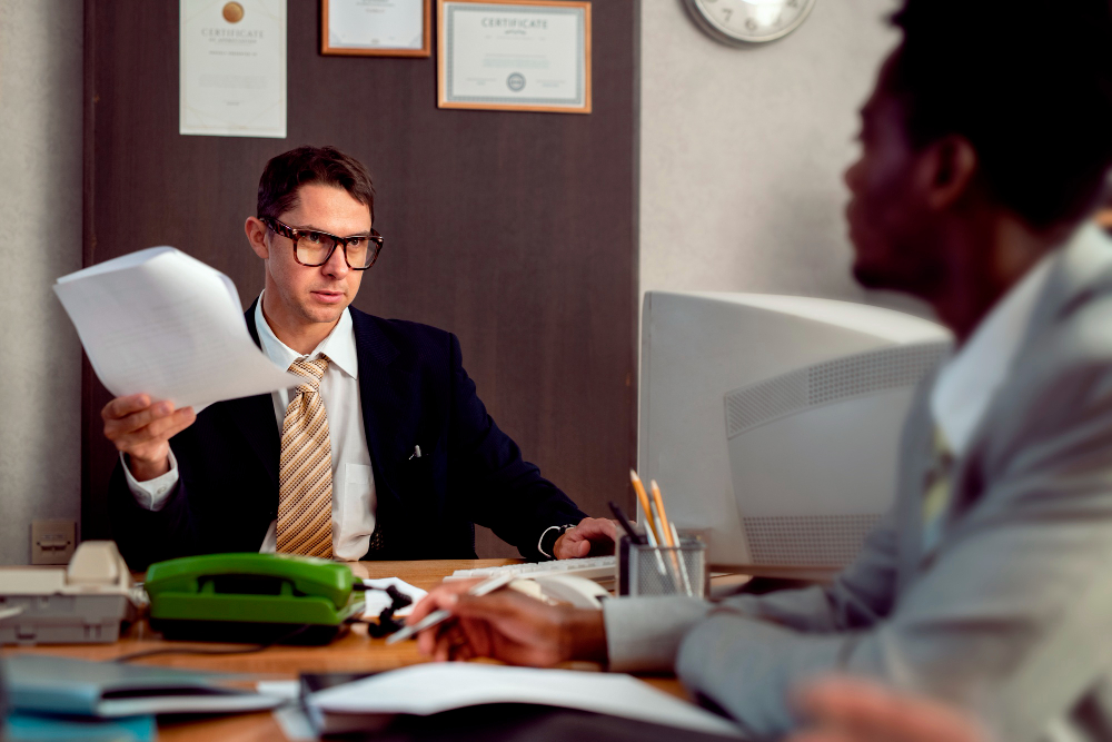 A man in a suit is talking during a business meeting.